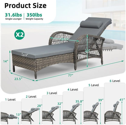 VIVIJASON Outdoor Wicker Chaise Lounge Chair Set of 2, All-Weather PE Rattan Cushioned Patio Lounger Chairs, 6-Position Adjustable Outside Pool Sunbathing Recliner with Armrest & Pillow, Gray