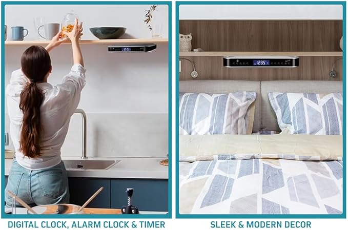 iLive Under Cabinet Bluetooth FM Radio for Kitchen, Wireless Stereo with Built-in Clock & Timer, 20 FM Presets, Negative LCD, 60-Ft Range, Under-Cabinet Mounting Hardware, AC Powered + Battery Backup