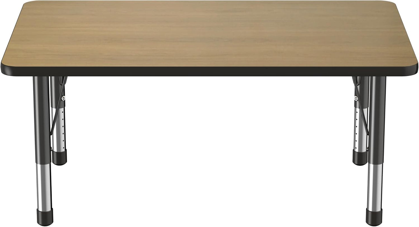 Factory Direct Partners FDP Rectangle (30 x 48 inch) Classroom Table with Adjustable Chunky Toddler Legs (15-24 in); Preschool, Kinder and Daycare Furniture - Pasadena Oak Top/Black Edge and Legs