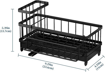 Consuemst Sponge Holder for Kitchen Sink - Auto Draining Sink Caddy Organizer with Detachable Rack, High Brush Holder, Kitchen Countertop Storage Accessories, Black