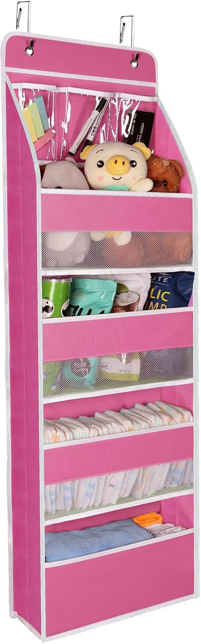 Univivi 5-Shelf Fabric Door Storage Over Door Hanging Organizer with 4 Large Pockets and 3 Small PVC Pockets Nursery Closet Cabinet Wall Mount Hanging Storage Organizers for Baby Nursery (Pink)