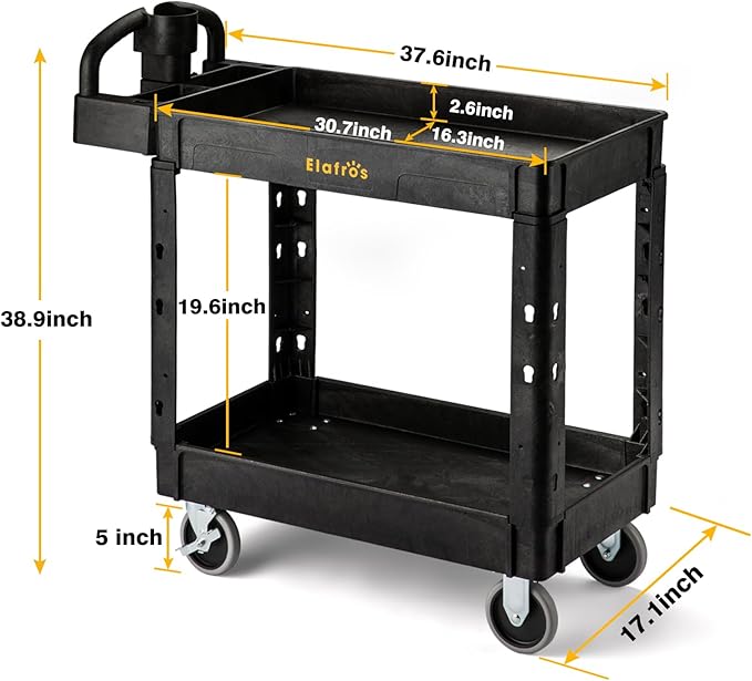 ELAFROS Utility Cart with Ergonomic Handle and Built-in Tool Compartments - 37.5" x 17" Work Cart W/Deep Shelves Safely Holds up to 550 lbs - 2 Tier Rolling Cart,Black