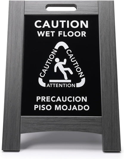 Premium Outdoor Composite Caution Wet Floor Sign – Bilingual w/Non-Skid Plastic Feet, Black Plate – For Hotels, Schools, Offices, Areas, Restrooms, Pool Decks & Shops, Grey