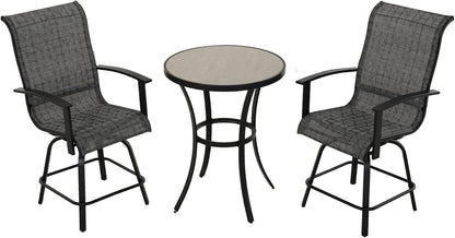 Grand patio 3 Piece Counter Height Patio Bar Set, Modern Round Bar Table and Swivel Bar Stools for Outdoor Kitchen Bistro Small Space Restaurant (Black&Grey Plaid, 3PC)