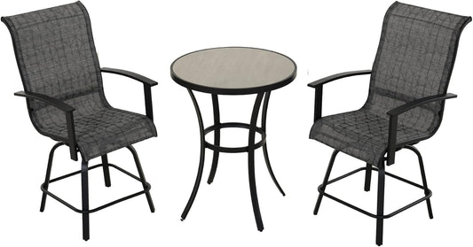 Grand patio 3 Piece Counter Height Patio Bar Set, Modern Round Bar Table and Swivel Bar Stools for Outdoor Kitchen Bistro Small Space Restaurant (Black&Grey Plaid, 3PC)