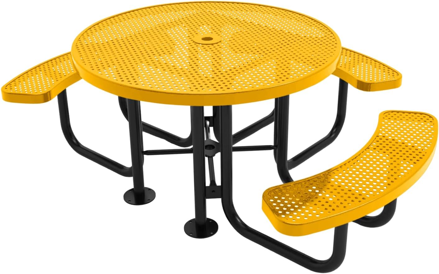 Heavy-Duty Portable Outdoor Picnic Table with Umbrella Hole, Punched Steel Patio Dining Furniture Made in America (46" Round Top, Yellow)
