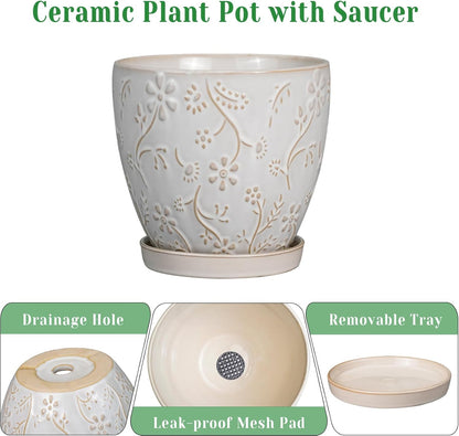 6 Inch Ceramic Plant Pot for Indoor Plants Outdoor Round Planter Flower Pot with Drainage Hole and Saucer for Home Garden Office Decor White