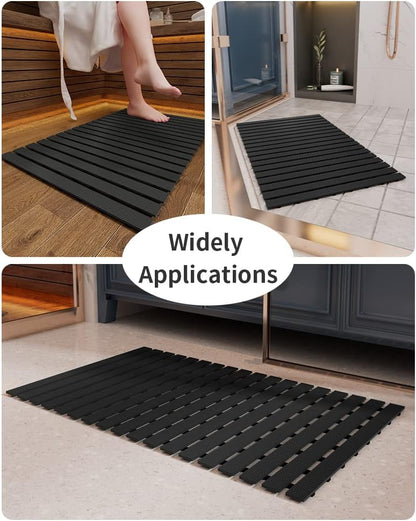 Shower-Mat Non Slip, PADOOR Heavy Duty Bathtub-Mat Curlable Quick Drain Sturdy Bath Tub Mat Without Suction Cups for Indoor Outdoor Use 17x26 Inch Black