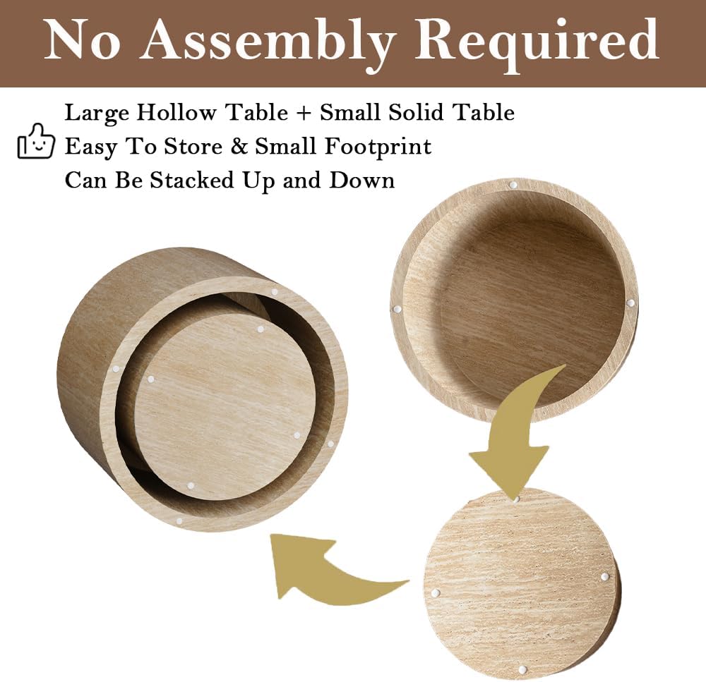 Round Nesting Coffee Table Set of 2 Modern Round Fluted Coffee Table Small Circle Coffee Tables Circular Side Table End Table Nested Coffee Tables for Living Room (Travertine 18in)