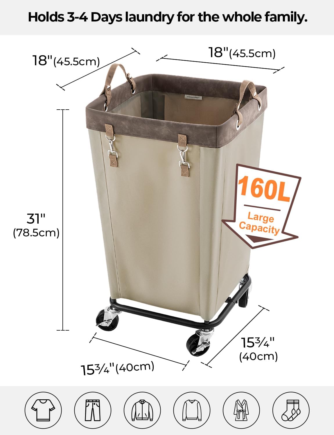 StorageWorks 160L Laundry Basket with Wheels, Large Rolling Hampers for Clothing Organizer, Dirty Clothes Basket for Hotel, Home, Closet, Dorm, Light Khaki