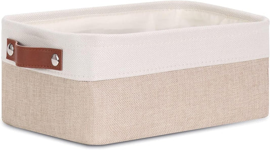 DULLEMELO Small Collapsible Fabric Basket for Organizing, Shelves, Closets, Laundry, Nursery, Decorative Gift Basket (White&Khaki)