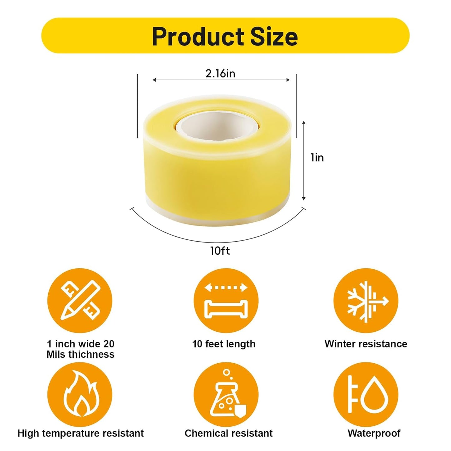 Self Fusing Silicone Tape 2 Rolls 1 in x 10' Yellow Waterproof Rescue Tape Rubber Leak Silicone Self-amalgamating Tape for Plumbing, Sealing Pipes, Hose Repair, Outdoor Coax and Tool Fixation