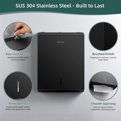 Paper Towels Dispenser Wall Mounted with Key Lock, Multifold C Fold Trifold Hand Towel Dispenser, Stainless Steel Tissue Holder Large Capacity Elegant for Bathroom Commercial, Black