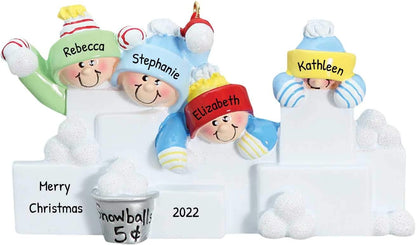 3D Snowball Fight Family of 4 Ornament 2025 Personalized Family Christmas Ornaments 2025 | Snowman Winter Holiday Personalized Tree Ornaments for Grandchildren, Siblings & Grandkids of Four Ornament