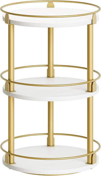 3-Tier Lazy Susan, Rotating Spice Rack, Spinning Organizer, Industrial Turntable Spice Rack for Cabinet, Kitchen Countertop, Pantry, White and Gold SR23DW