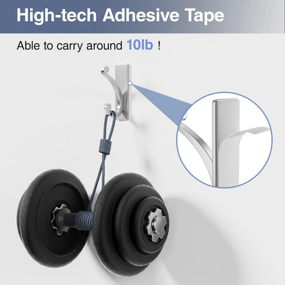 Adhesive Wall Hook for Towel/Coat - Extra Sticky 10LB Stainless, Stick on Hanger for Bath or Shower, Matt Silver 4-Pack