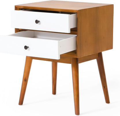 Christopher Knight Home Mid-Century Nightstand, Acacia Wood Nightstand Side Table, Accent Bedside End Table with Solid Wood Legs for Bedroom, Dorm and Small Spaces,White + Natural Oak
