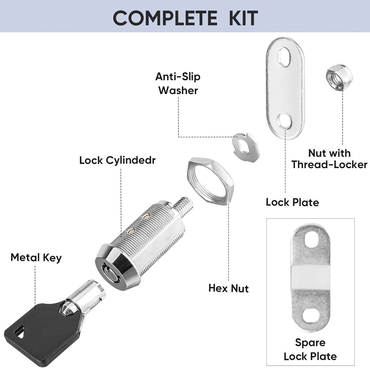 PTEROMY 5 Pack Cabinet Lock with Keys, 5/8'' Heavy Duty Tubular Cam Lock for RV Compartment Storage Locks, Full Set of RV Cam Locks (Chrome, 5/8'', 5 Pack)