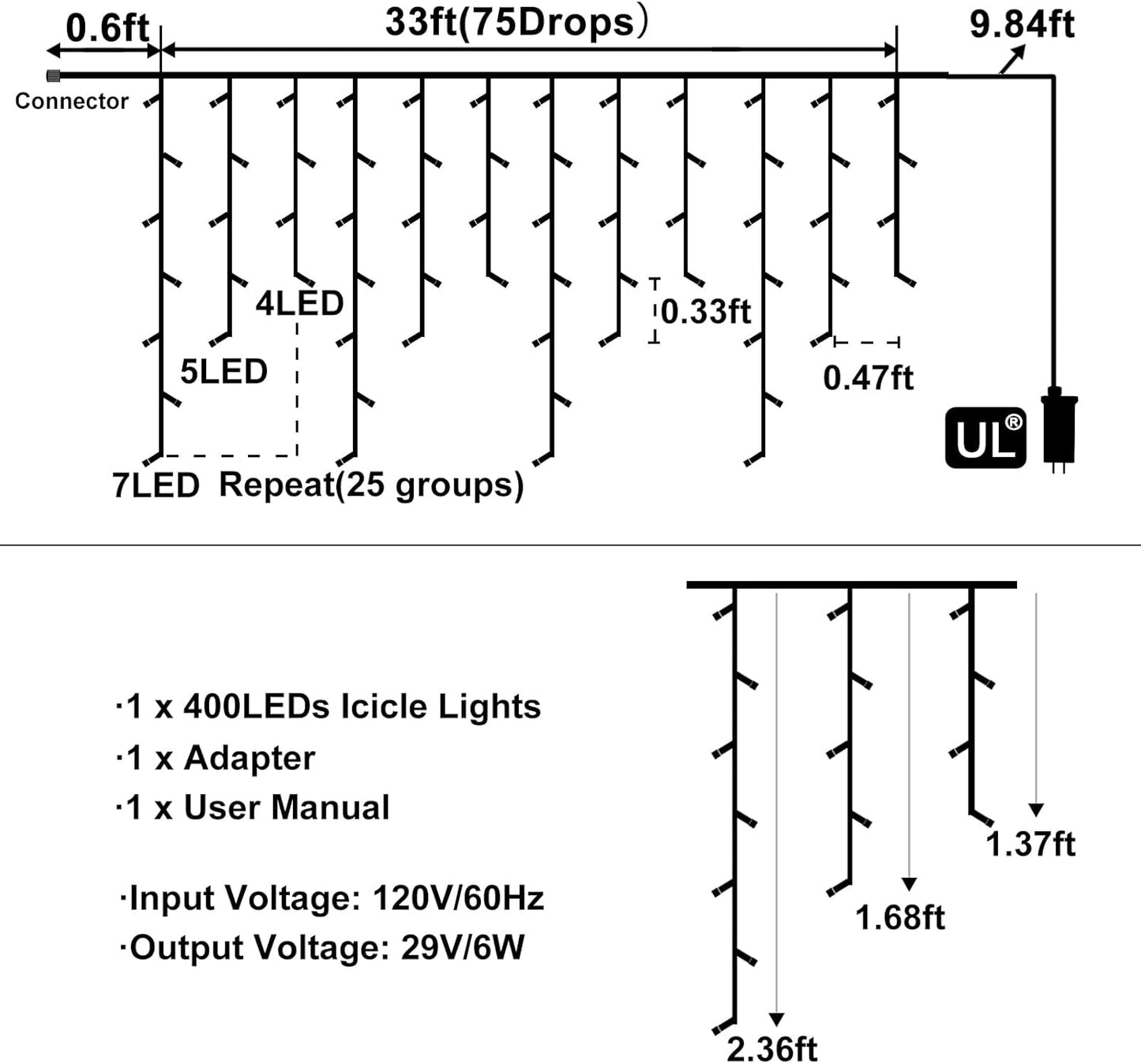 Christmas Lights Outdoor, 33ft 400 LED Warm White Icicle Lights for Outside House, Plug in Connectable Twinkle Tree Light 8 Modes Timer Waterproof for Patio Window Party Indoor Holiday Decorations