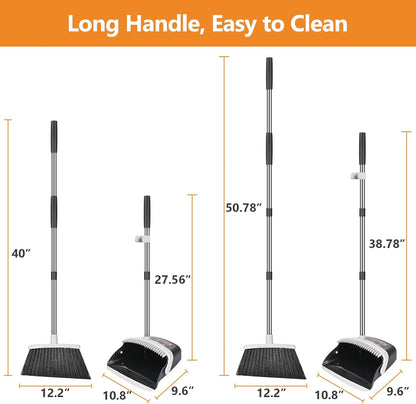 Broom and Dustpan Set, Heavy Duty Dust Pan with Long Handle 51 Inch Broom with Dustpan Combo Set Upright Self-Cleaning Dust Pan Home Kitchen Lobby Indoor Outdoor Sweeping Cleaning Tool - Gray