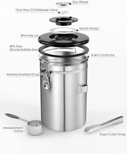 Airtight Coffee Canister, HAIOOU 22OZ Large Stainless Steel Coffee Bean Storage Container with Date Tracker, Measuring Scoop, 6Pcs CO2 Valves and Mini Tongs for Beans, Grounds, Sugar and more - Silver
