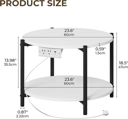 LIKIMIO Side Table, 23.6" W Round End Table with Charging Station, Modern Wooden Nightstand for Small Spaces, Living Room, Bedroom, White