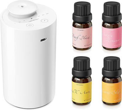 Airversa Waterless Essential Oil Diffuser Starter Kit with 4 x 10mL Fragrance Scent Oil, Battery Operated Mini Scent Air Machine Portable Diffuser for Home Car Office, AN6 White Kit01