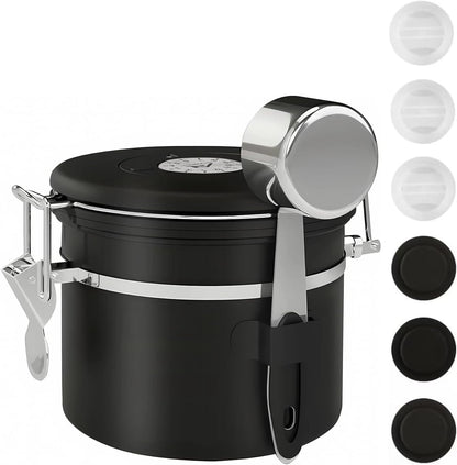 ShanSon Coffee Canister Airtight Coffee Container Stainless Steel Coffee Bean Storage Container with Scoop Coffee Canister for Beans Grounds Sugar Flour Tea Cereal,11OZ, Black