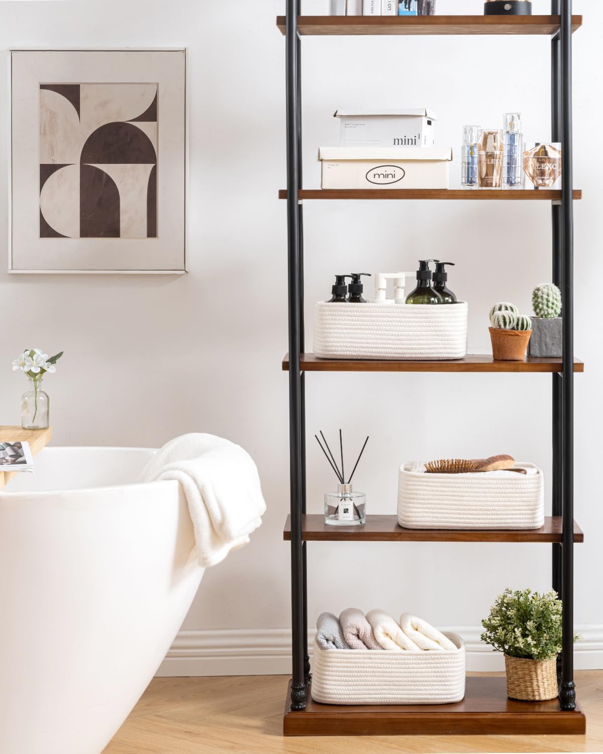 Small Woven Basket, 12 x 8 x 4.5 Inches, Storage Basket for Organizing, Cute Small Rope Shelf Closet Cube Storage Bins Baskets for Shelves, Dog Toy Gift Baskets Empty, 3 Packs, Off White