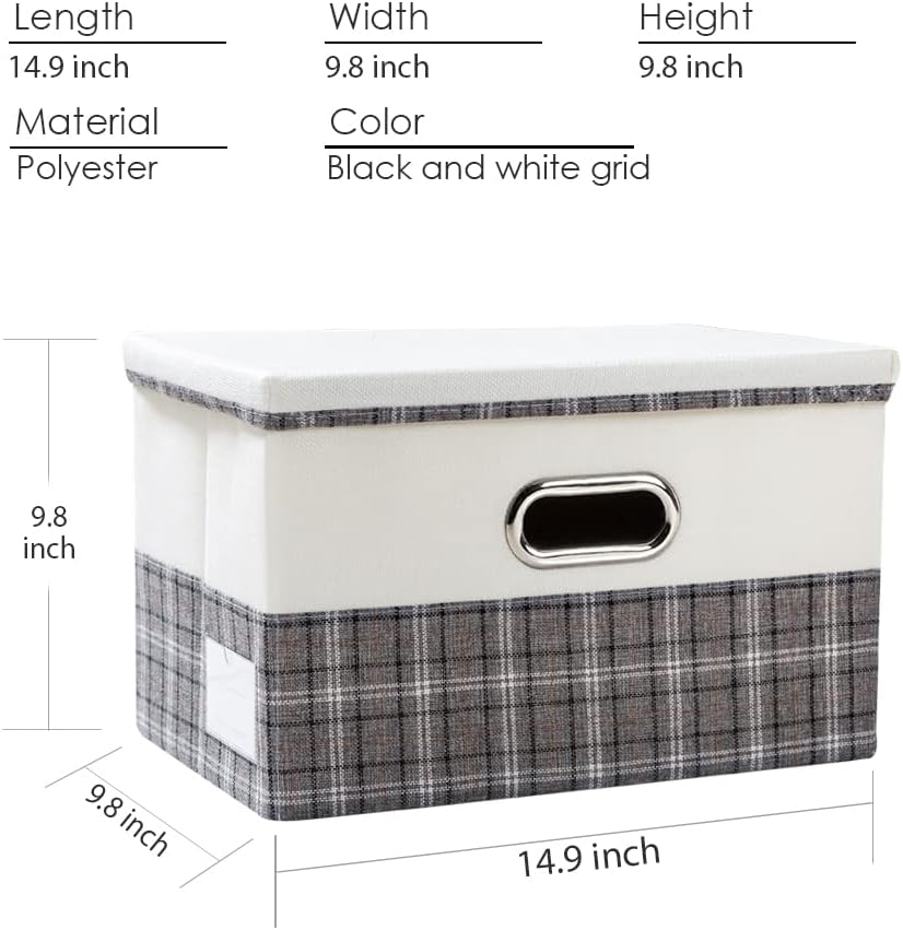 PRANDOM Collapsible Storage Bin with Lid [3-Pack] Fabric Foldable Storage Box Organizer Container Basket Cube with Cover for Home Bedroom Closet Office Nursery Gray plaid & Cream(14.9x9.8x9.8)