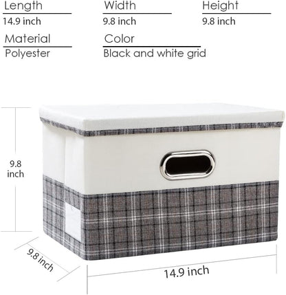PRANDOM Collapsible Storage Bin with Lid [3-Pack] Fabric Foldable Storage Box Organizer Container Basket Cube with Cover for Home Bedroom Closet Office Nursery Gray plaid & Cream(14.9x9.8x9.8)