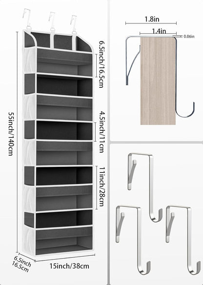1 Pack Over The Door Organizer Storage, Hanging Organizer Closet with 5 Large Pockets 10 Mesh Pockets, 44 lbs Weight Capacity, Behind Door Storage for Nursery Bedroom Bathroom (Dark Grey)