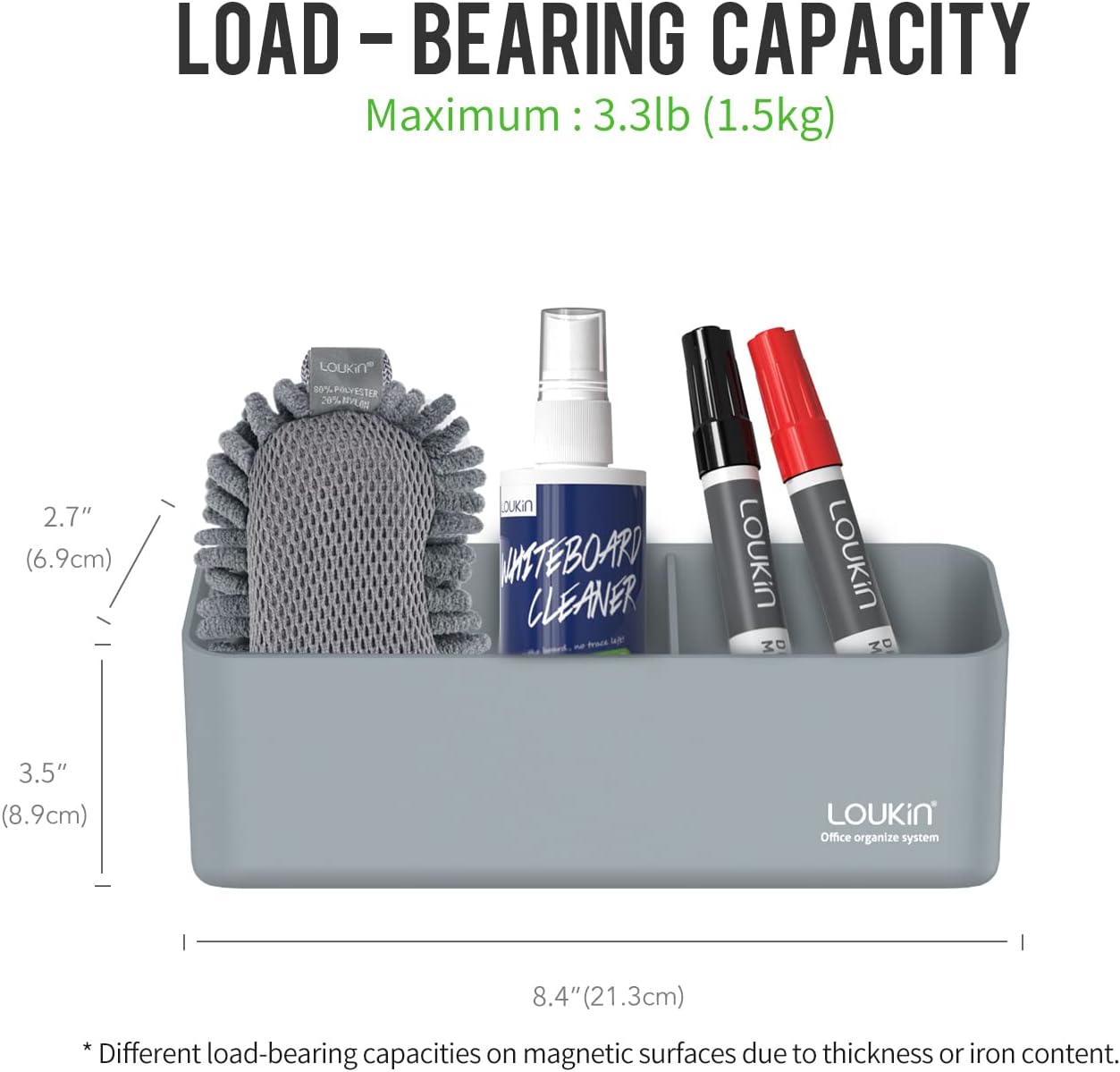 loukin Magnetic and Adhesive Marker Holder, Dry Erase Accessory Tray, Magnetic Storage Organizer for Whiteboard, Glass or Refrigerators (Grey)