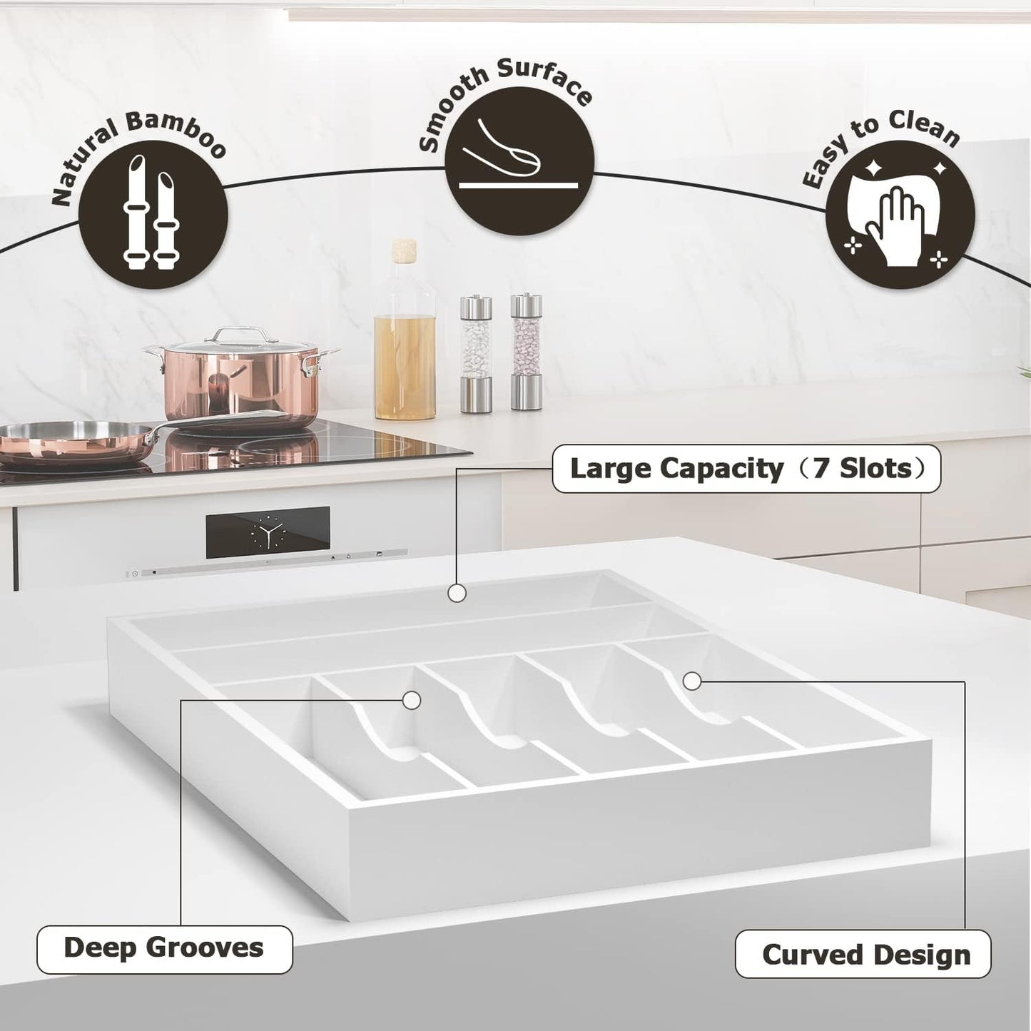 Utensil Organizer Silverware Drawer Organizer - 7 Slots Bamboo Cutlery Organizer Multi-Purpose Silverware Divider for Kitchen Flatware, Hair Accessories, Repair Tools, Art Set W13”x L17” (White)