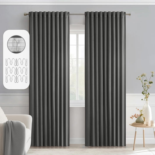MIULEE Back Tab Grey Blackout Curtains 90 Inch Long 2 Panels Set for Living Room Bedroom Privacy, Rod Pocket/Pinch Pleated Thermal Insulated Room Darkening Light Blocking Curtains, 52 x 90 Inch