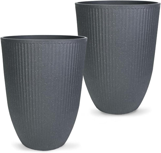 2 Pcs Pack 15 Inches Heavy Duty Plastic Resin Tall Tapered Planter Pots Large Round Planter Flower Pot with Drainage Hole for Indoor Outdoor Deck Porch Garden Home Patio Front Door (Dark grey, S)