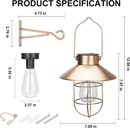 pearlstar Solar Lanterns Outdoor Metal Solar Powered Hanging Lights Waterproof for Barn Wall Yard Garden Patio Garage Balcony Porch Fence Decor, Warm White Edison Bulb (Copper-2pack)