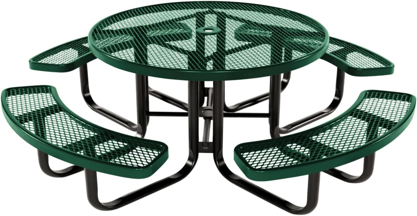 Coated Outdoor Furniture Heavy-Duty Portable Outdoor Kids Table with Umbrella Hole, Expanded Metal Kids Picnic Table, Commercial-Grade, Made in America (46 In, Round, Childrens, Textured Green)