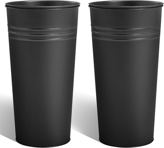 KOL 22''H 2-Pack Planter with Water Level Indicator - Galvanized Steel Pot - Self Watering Planters Flower Pot for Plant - Inner Pot Design - Round Metal Planter Box - Indoor Outdoor Planting - Black