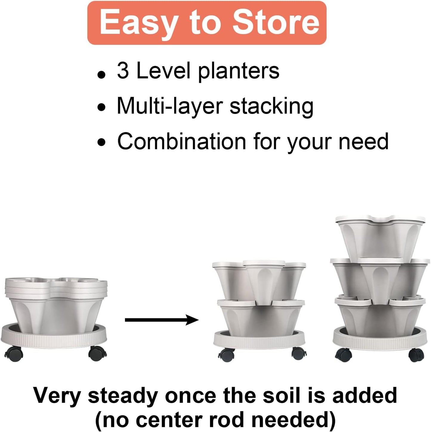 DUNCHATY Stackable Planter, Vertical Garden Planter with Wheels and Tools, Self Watering Strawberry Planter Indoor/Outdoor 3 Tier Herb Planter Pots for Growing Vegetables and Succulents,Gray