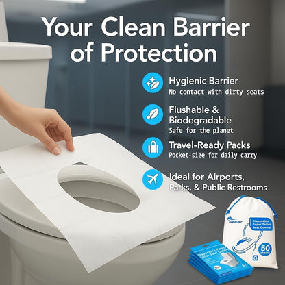 Disposable Toilet Seat Covers Flushable XL 50 Pack – Adults & Kids Potty Training Travel Toilet Seat Cover – 100% Biodegradable Public Restroom Protection for Airplane, Camping, Festivals