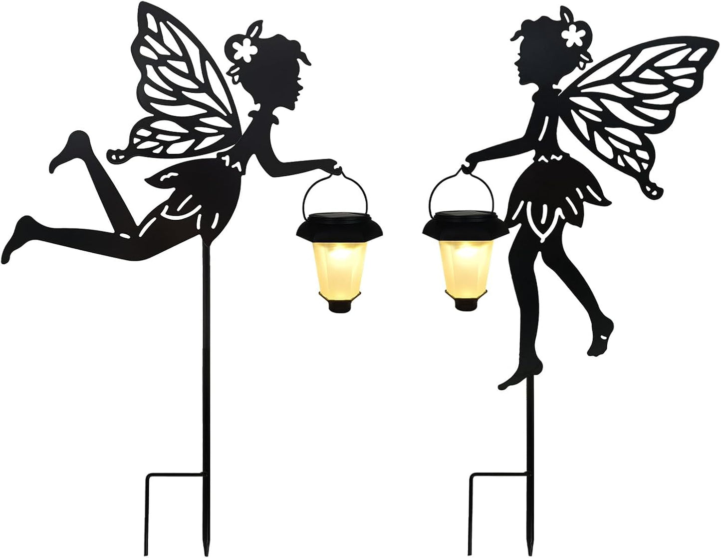 Solar Fairy Garden Stake Decorative Lantern, 2 Pack Metal Fairy Angel Garden Silhouette Lights for Lawn, Pathway, Patio, Yard Outdoor Decor