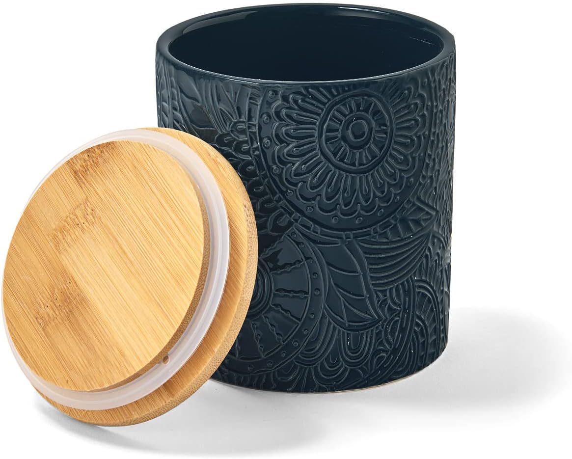 American Atelier Embossed Canister 4-Piece Ceramic Set Jar Container with Wooden Lids for Cookies, Candy, Coffee, Flour, Sugar, Rice, Pasta, Cereal & More