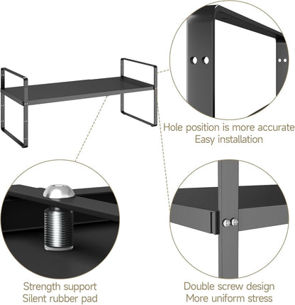 16.5~27.1" Expandable Shelf Organizer, 2Pack 10.2" Wide Stackable Cabinet Shelf Organizers, Black Metal Sturdy Kitchen Counter Storage for Countertop, Adjustable Height Spice Rack