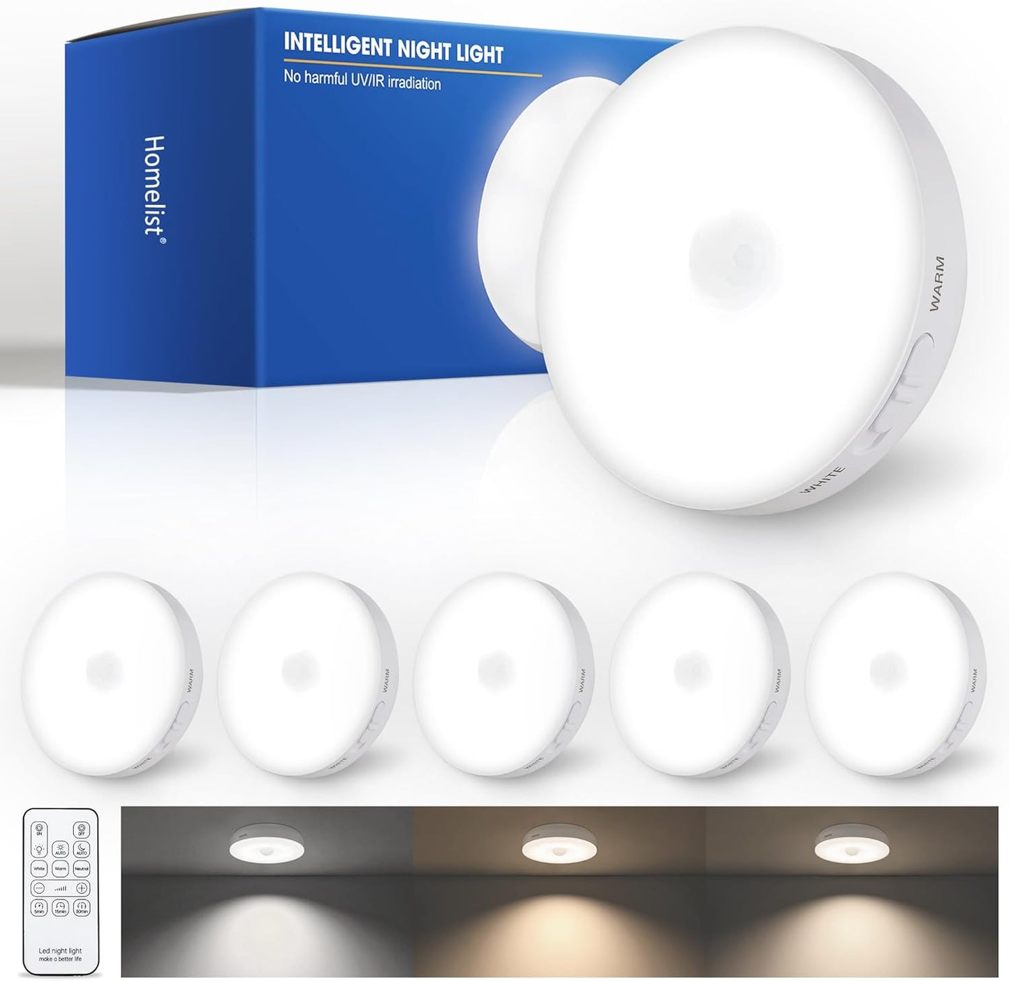 Homelist Upgraded Ultra Bright Motion Sensor Lights Indoor, 6 Pack Rechargeable Puck Light with Remote, 1500mAh Battery Operated Sensor Night Light for Stairs, Cabinet, Bedside, Closet