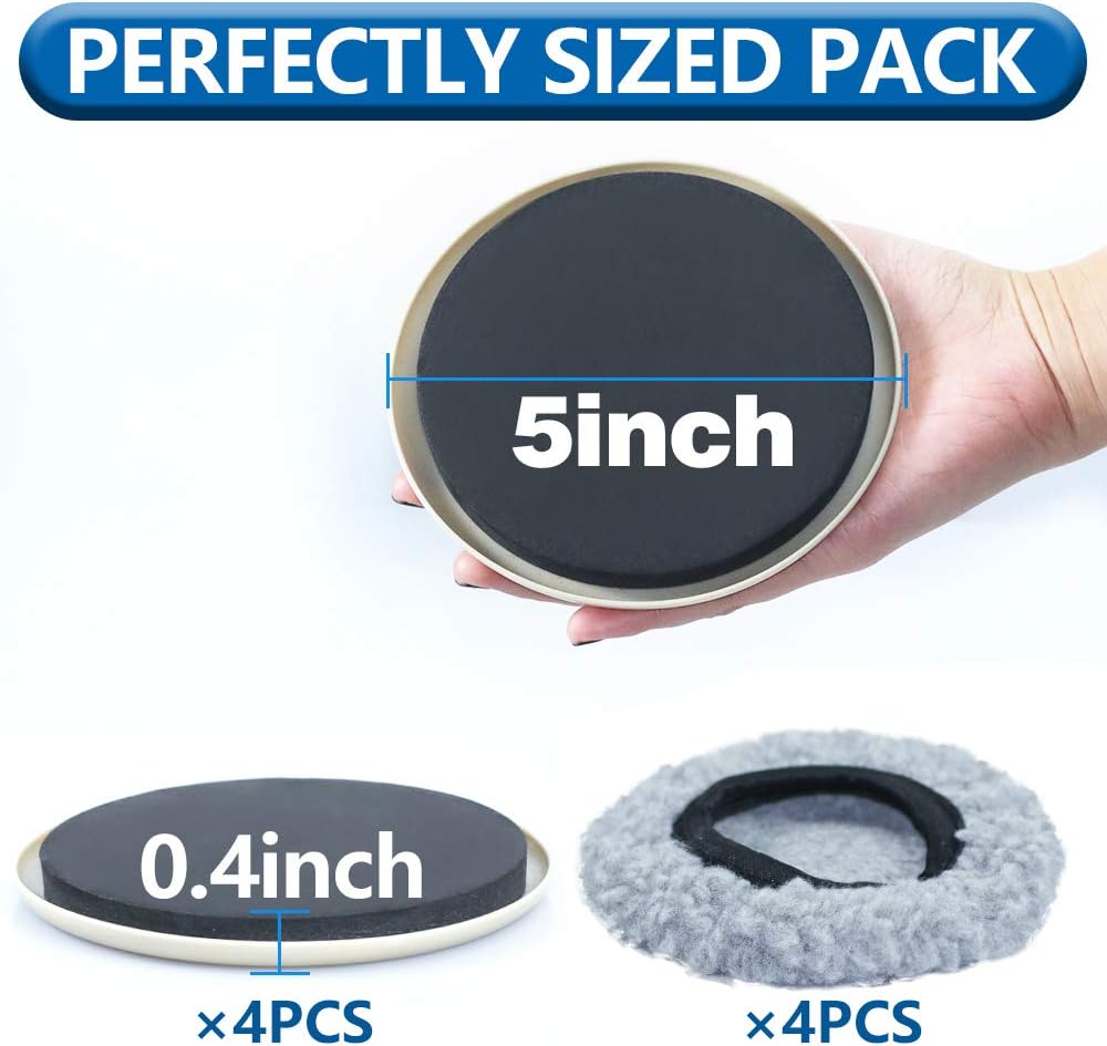 Furniture Sliders Multi-Surface 2-in-1 Reusable Moving Pads for All Floor Types - 4 Pack 5" Carpet Sliders and 4 Hardwood Socks - Protect Floor and Easier to Move Your Furniture