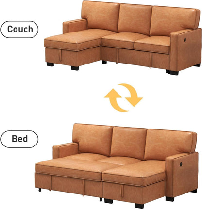 EBELLO Convertible Sleeper Sofa 3 in 1, Faux Leather Modern L-Shaped Couches for Living Room, Pull Out Sectional Futon Sofa Bed with Storage Space, USB Ports and Cup Holders for Bedroom, Brown