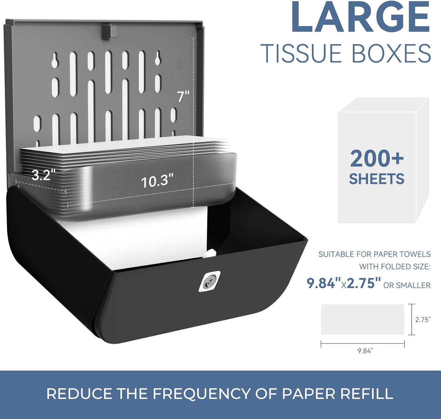 Commercial Paper Towel Dispenser Wall Mount C-Fold Multifold Trifold Towels Dispenser for Bathroom，Two Key Lock Design No-Drilling Adhesive & Screws Included, ABS Built (Black-PN6012)