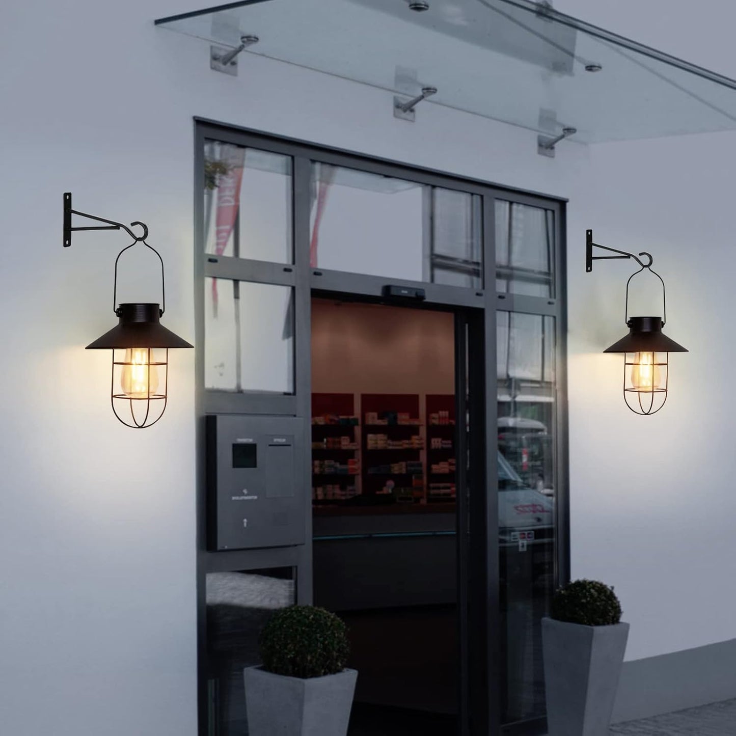 pearlstar Solar Lanterns Outdoor Metal Solar Powered Hanging Lights Waterproof for Wall Yard Garden Patio Garage Balcony Porch Fence Decor, Warm White Edison Bulb,with Wall Mount Kit（Black-1pack）