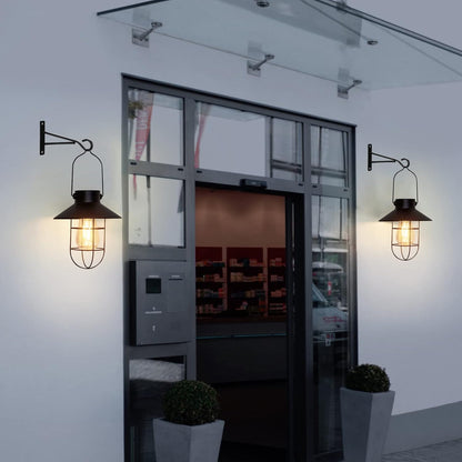 pearlstar Solar Lanterns Outdoor Metal Solar Powered Hanging Lights Waterproof for Wall Yard Garden Patio Garage Balcony Porch Fence Decor, Warm White Edison Bulb,with Wall Mount Kit（Black-1pack）